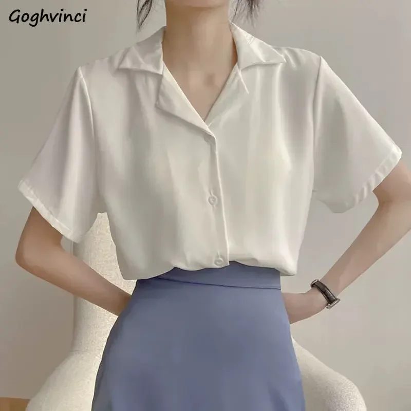 Shirts for Women Loose Vintage Cute Notched Design Office Lady Summer Casual Korean Style Fashion All-match Chic Elegant Temper