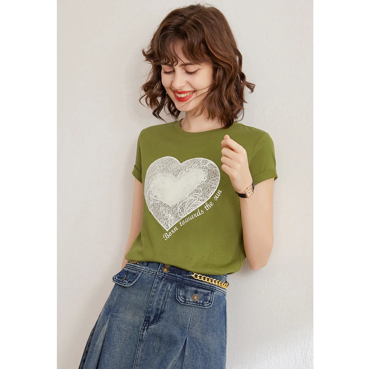 LOUIS YAO Women Embroidery T-shirt 2024 Summer Fashion Casual Tee O Neck Short Sleeve Mesh Heart Shape Pullover Top