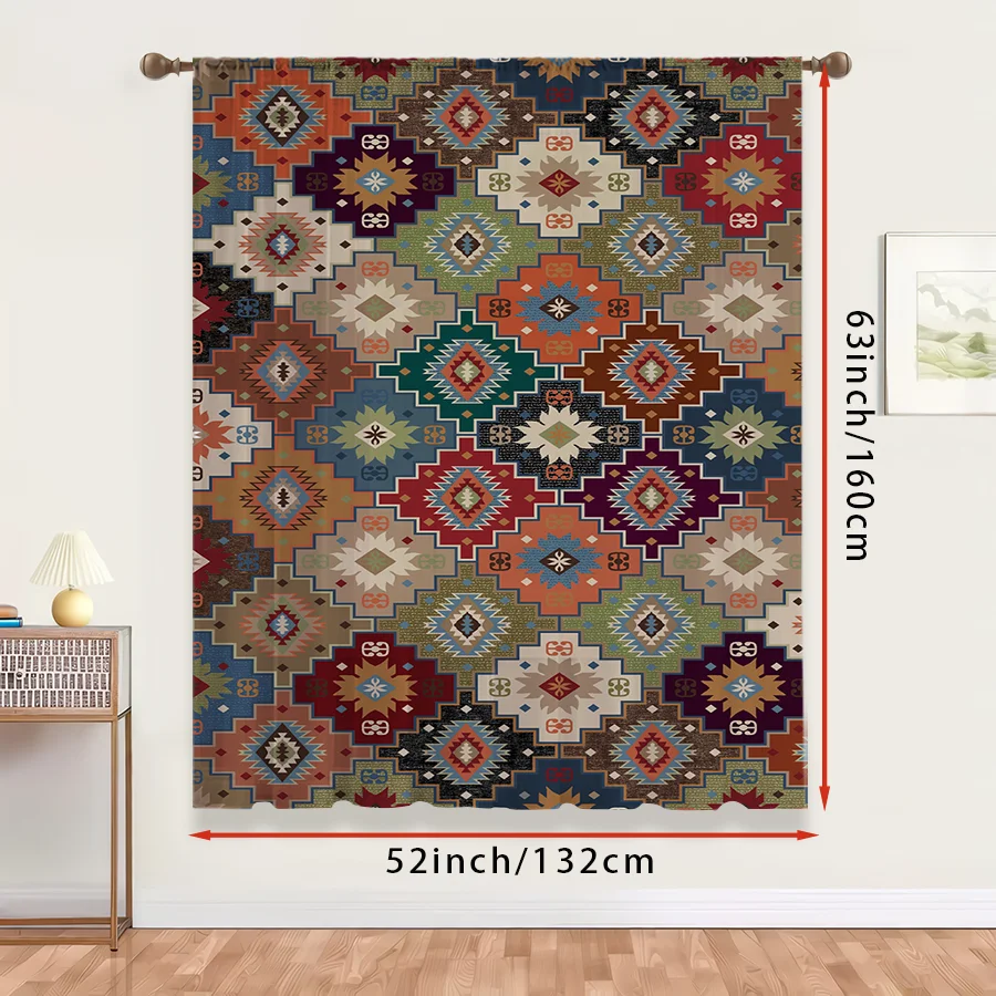 1PC Sheer Curtain Boho Geometric Aztec Tribal Print, Rod Pocket Window Curtain for Living Room Bedroom Ethnic Decor