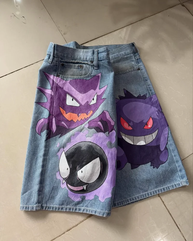 Y2k الشرير الرجعية الرجال والنساء الجينز موضة جديدة الشارع الشهير الربع السراويل القوطي Harajuku الهيب هوب الكرتون طباعة عادية فضفاض السراويل