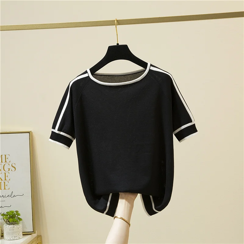 Camisetas Mujer Thin Knitted T Shirt Women Short Sleeve Summer Tops Woman Clothes Striped Fashion T-Shirt Tee Shirt Femme 18841