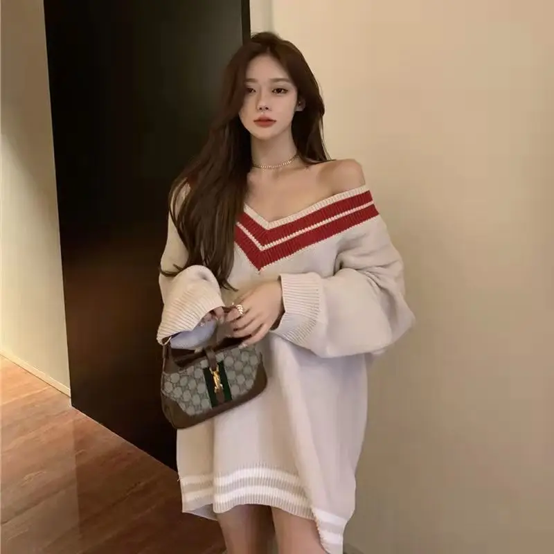 

Long Knit Dress Girls Spring Autumn Korean Sweet V-neck Off Shoulder Stripe Loose Full Sleeve Mini Dress All-match