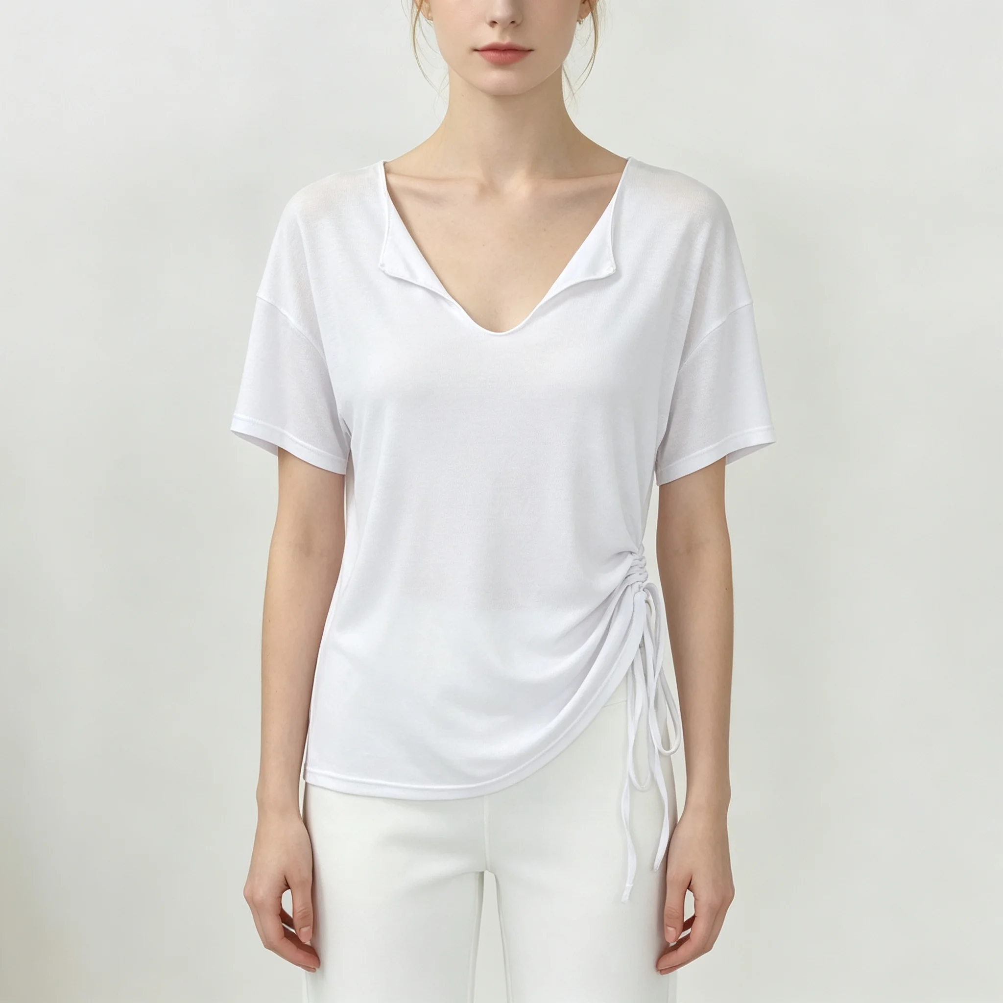 Yoga Clothing 2026 New Style Top Pilates Cover-Up Shirt Gentle and Lazy Style Short-Sleeved Breathable Comfortable V-Neck That Highlights Shoulders and Neck