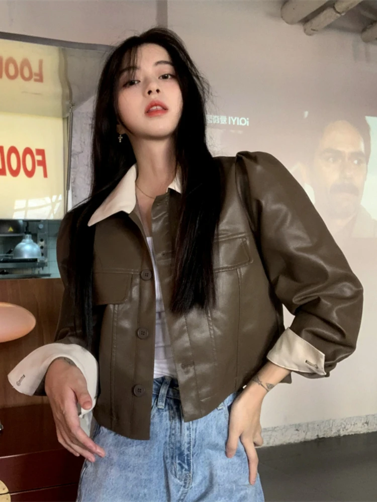 Hàn Quốc Màu Đen Crop Áo Khoác Da Nữ Thời Trang Mỏng Túi Moto Biker Áo Khoác Nữ Mùa Đông Casual Vintage Áo Khoác Ngoài Sang Trọng Hàng Đầu