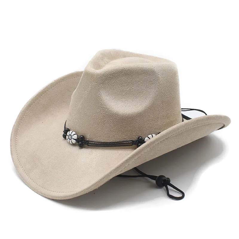 Foreign Trade Suede Thickened New Style Jazz Hat with Windproof Rope, Large Brim Cowboy Hat, Curved Brim Hat