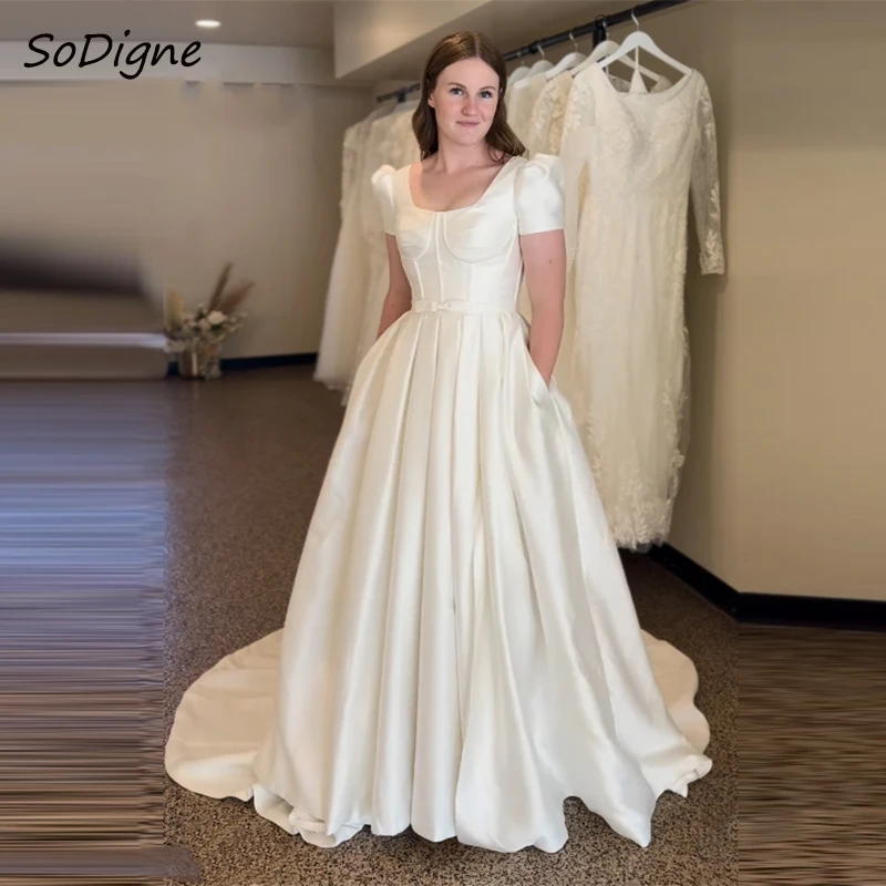 

SoDigne Simple A Line Satin Wedding Dress Square Collar Short Sleeves Bride Dresses Elegant Bridal Gowns Vestido De Noiva 2024