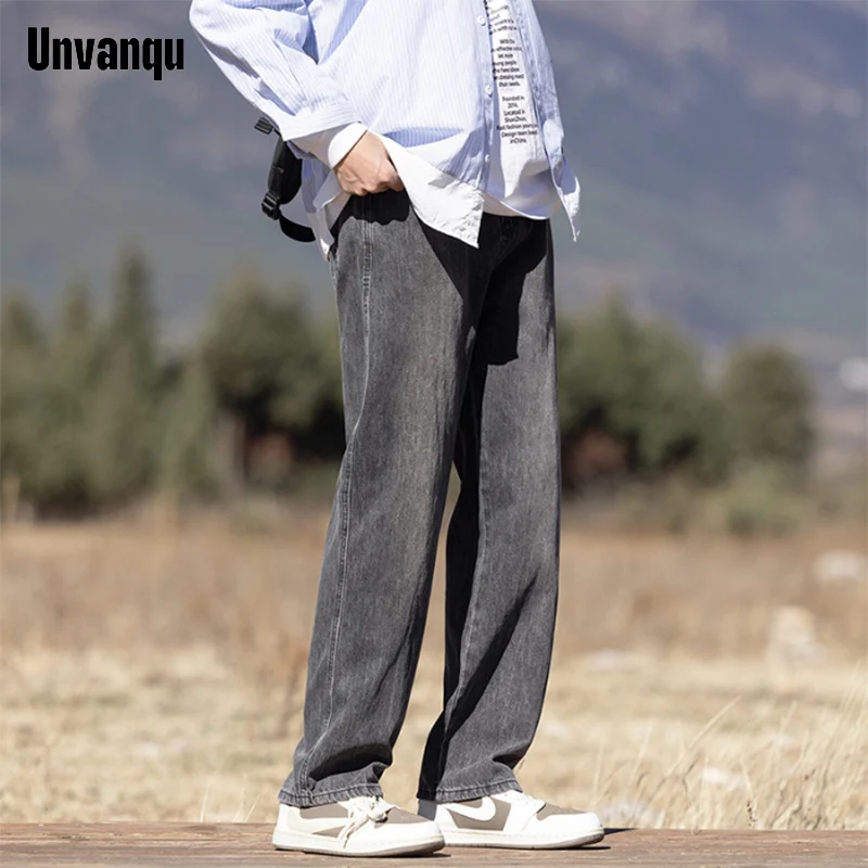 Unvanqu Heavy Washed Men\'s Jeans Simple Loose Straight Denim Trousers 2024 Spring Fashion Street Casual Versatile Work Pants