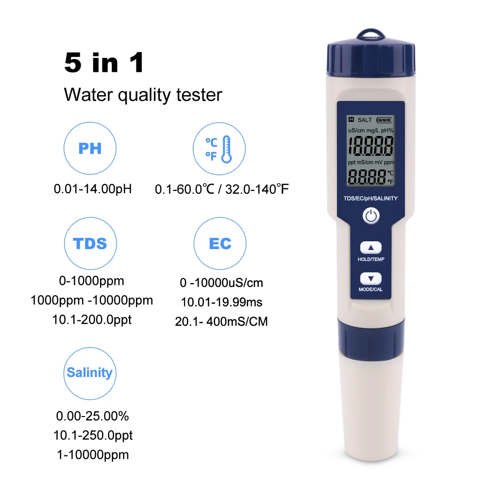 Digital PH Meter 4 5 7 in 1 Backlight Water Quality Detector TDS/EC/PH/SALT/ORP/TEMP/S.G Water Quality Test Pen