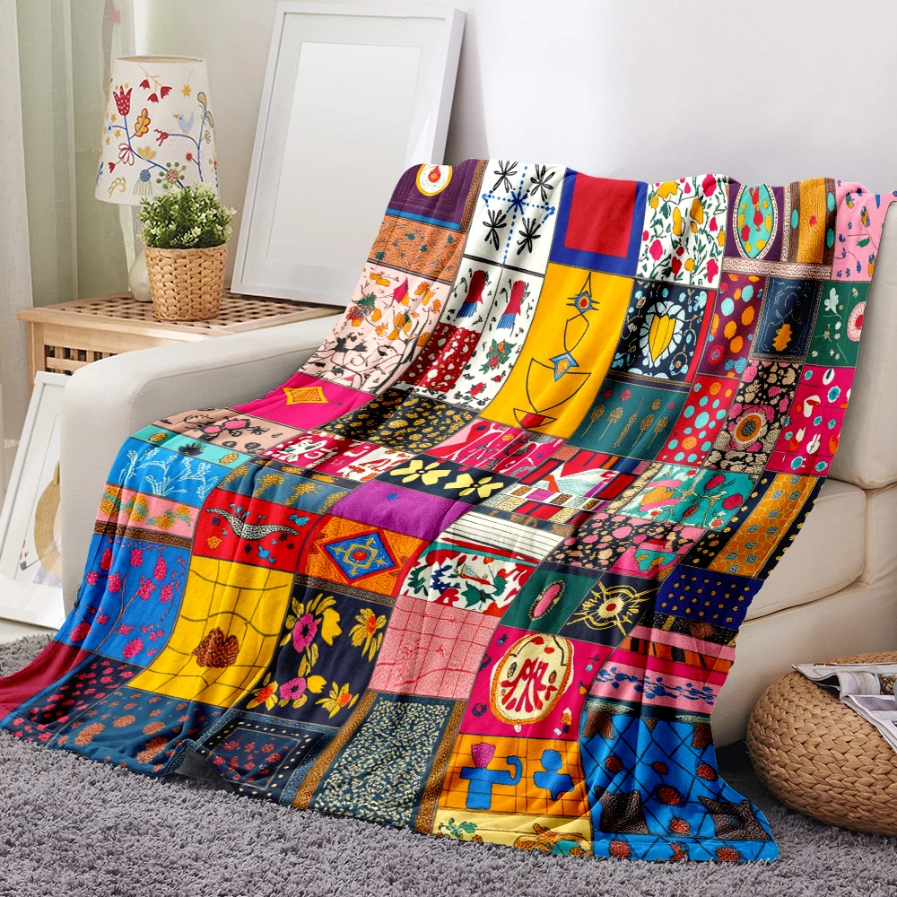 1PC colour patchwork graphic printed blanket-made of soft fluffy flannel, perfect for sofas, beds or loungers. Ideal for bohemia