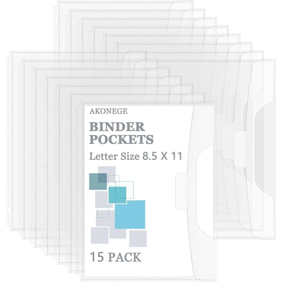 15 Pack Binder Pockets for 3 Ring Binder Organization Heavyweight Plastic Folder with SpaceSaving Closure Side Loading Letter S