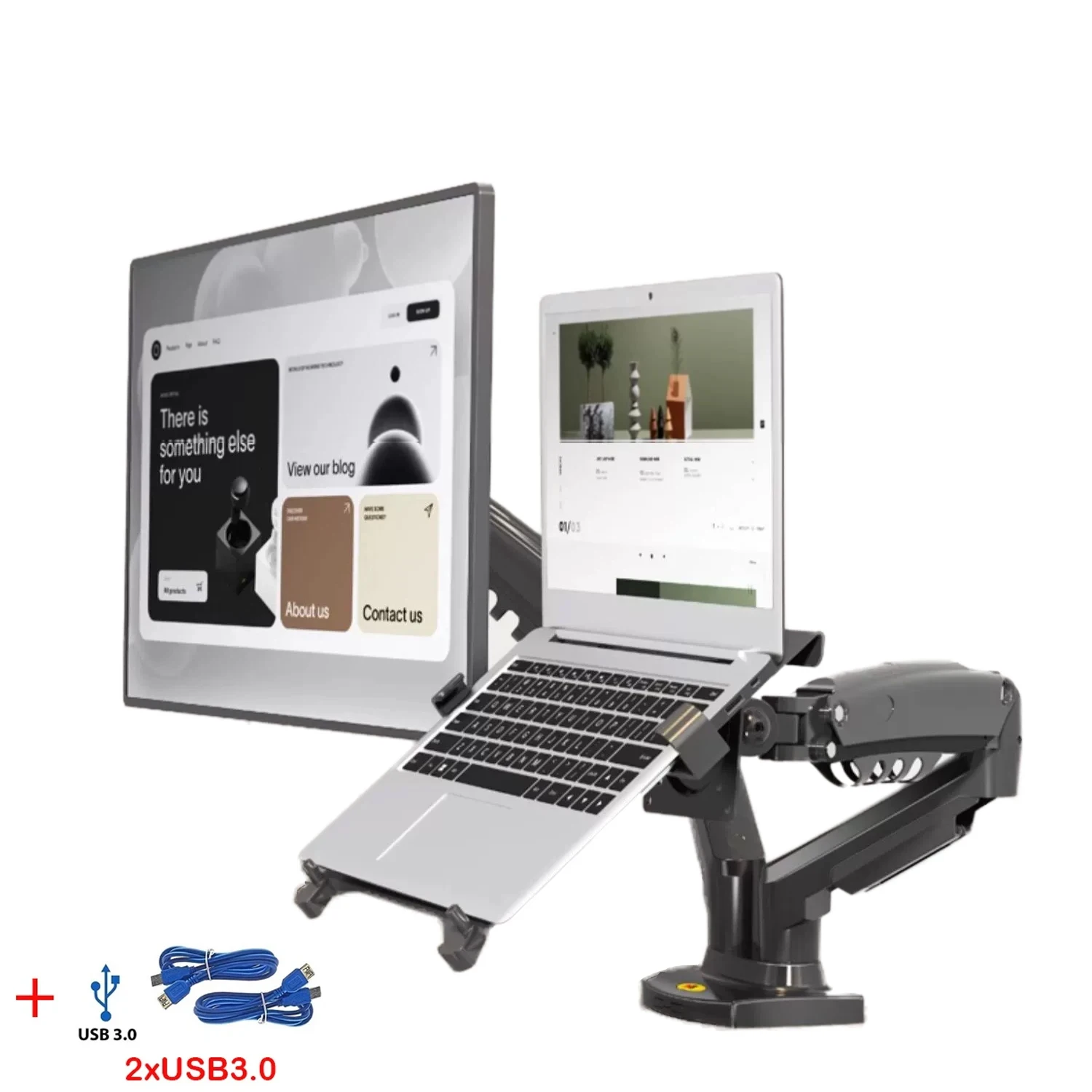 Uchwyt na laptopa z podwójnym monitorem i podwójnym ramieniem USB3.0 NB F160-FP ze sprężyną gazową do monitora 17"-27" + stojak na laptopa 10"-17"