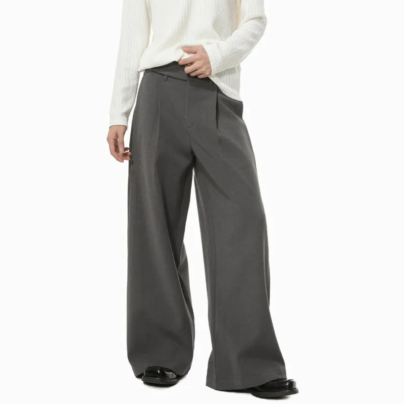 

SYUHGFA 2025 Autumn Men Suit Trousers Solid Color Pleated Design Button Vintage Menswear Drape Straight Leg Male Bottom Korean