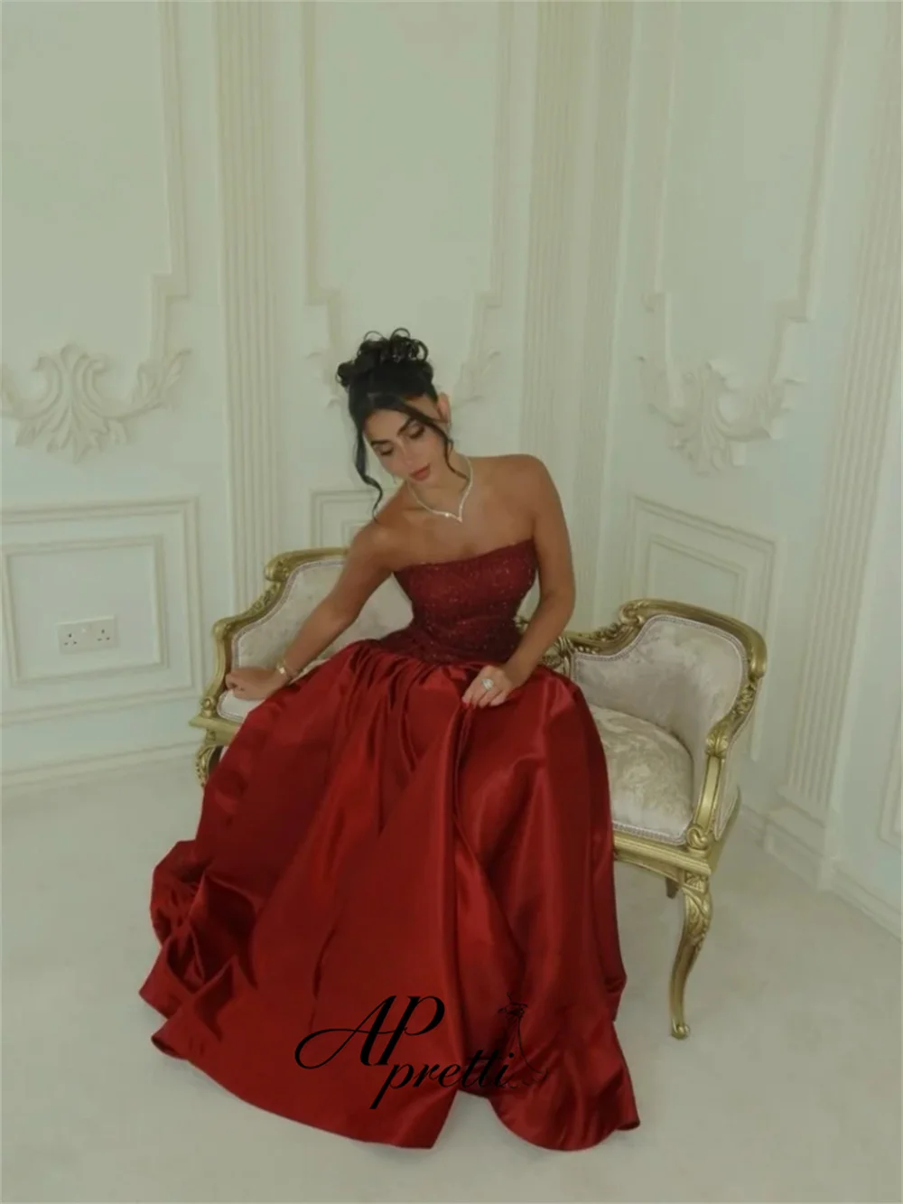 AP pretti Customized Elegant Burgundy Strapless Evening Gown Dress Satin Gathered Waist Skirt Party Dress Vestido De Noche ﻿
