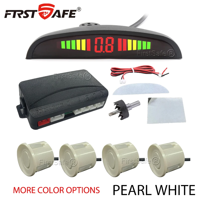 Firstsafe ชุดเซ็นเซอร์จอดรถจอแสดงผล LED พร้อมเซนเซอร์22มม. 4ระบบเครื่องตรวจเรดาร์รถอเนกประสงค์