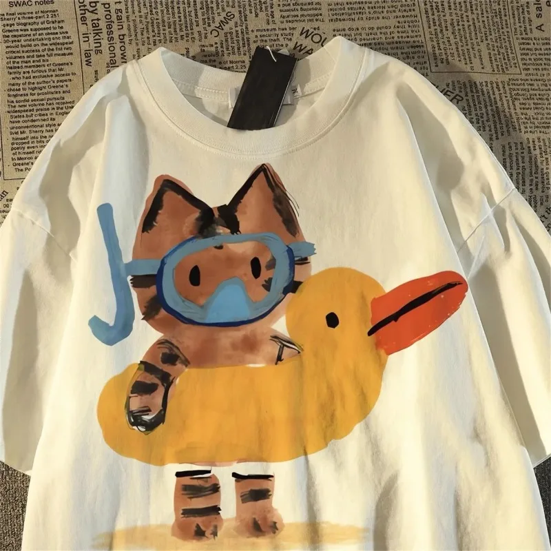 Funny Snorkeling  with Duck Float Print Crew Neck T-Shirt Men Women Casual Loose Short Sleeve Cotton Tee Tops