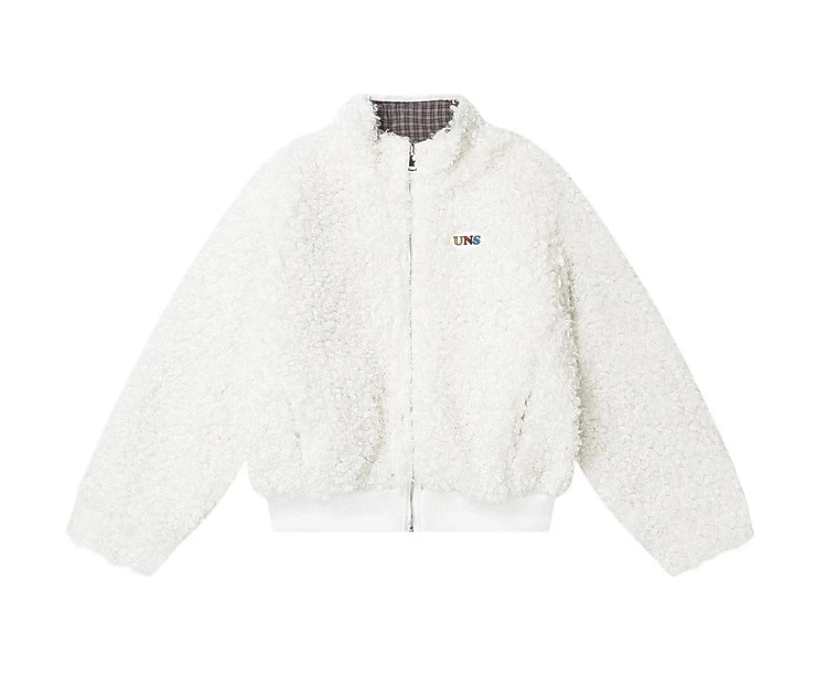 Outono inverno retro reversível gola xadrez café cor jaqueta de algodão americano high street cinza casaco de lã de cordeiro feminino