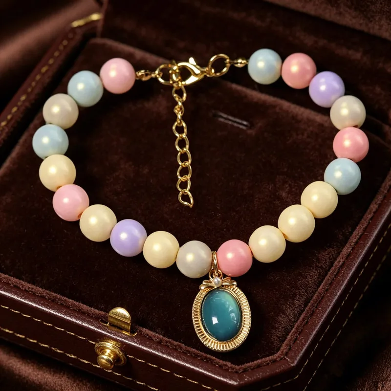 Vintage Gem Pendant Pet Necklace Adjustable Macaron Color Faux Pearl Dog Cat Collar Elegant Luxury Pet Jewelry