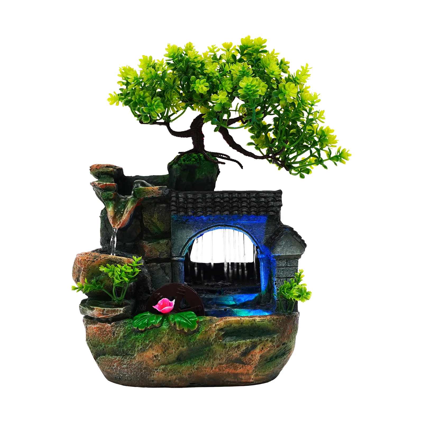 AC 60Hz Tabletop Water Rockery Ornament Hand Sculpted Resin Body Adjustable Circulation Pump Multicolor Illuminated Waterfall Portable Indoor Relaxation Desktop Decor Piece