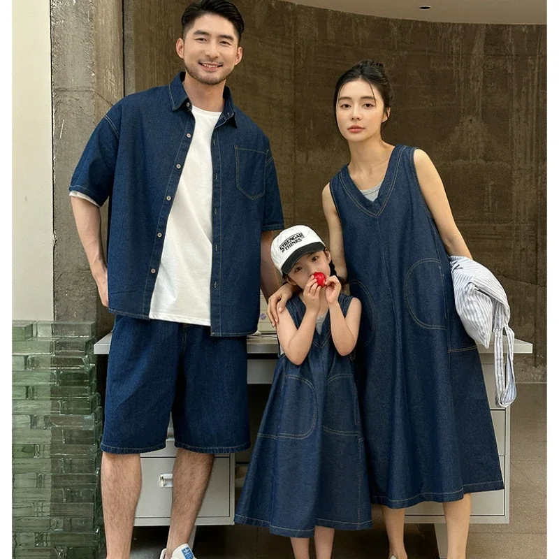 Korean Kids Denim Vest Dress Mom Daughter Outfit 2025 Summer Family Matching Set Denim Top Pants Outfit Clothes for Girls Boys
