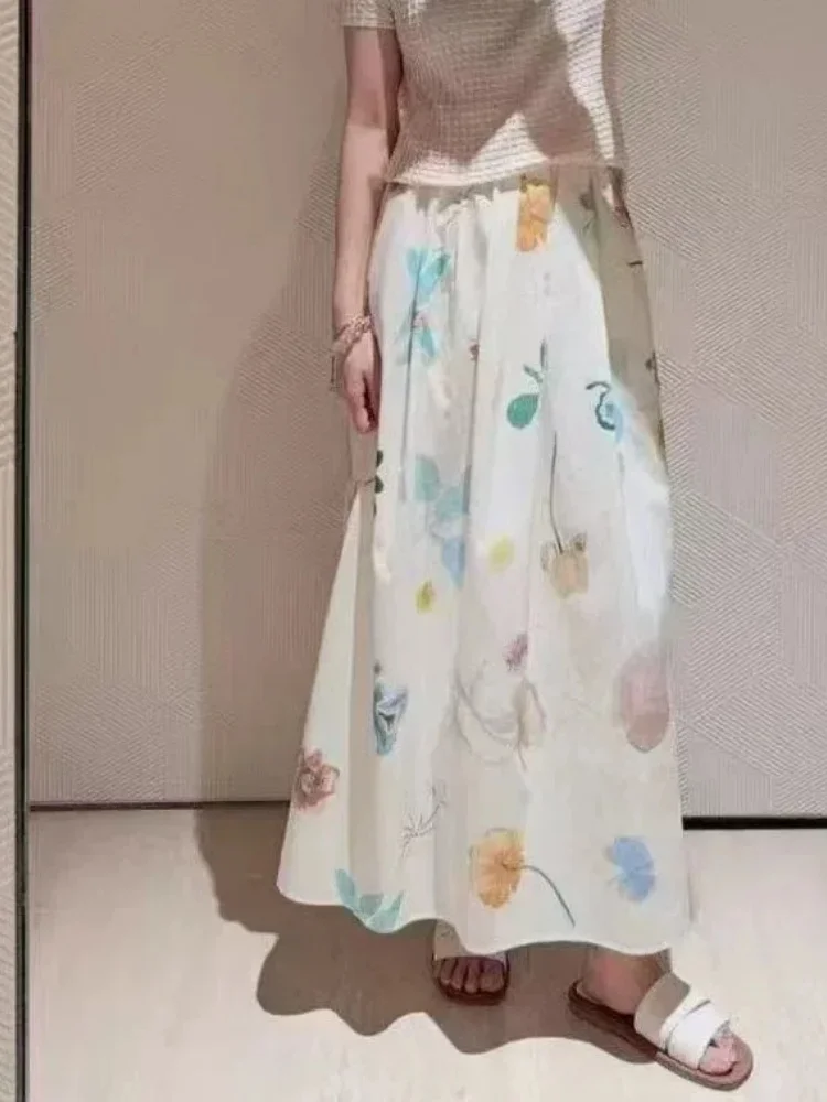 

Female Elegant Watercolor Printed with Pocket A-line Skirt Holidays style Elastic Saist Skirt for Women Clothing Summer New