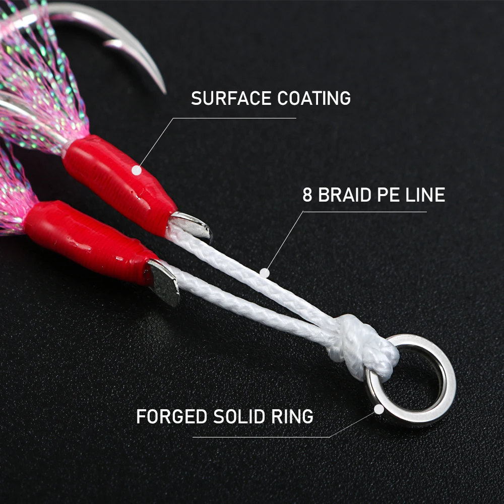 CASTFUN Assist Hook High Carbon Steel Hook Slow Jig With 8 Braided PE line and Feather Saltwater Fishing Hook 2pcs/1Bag