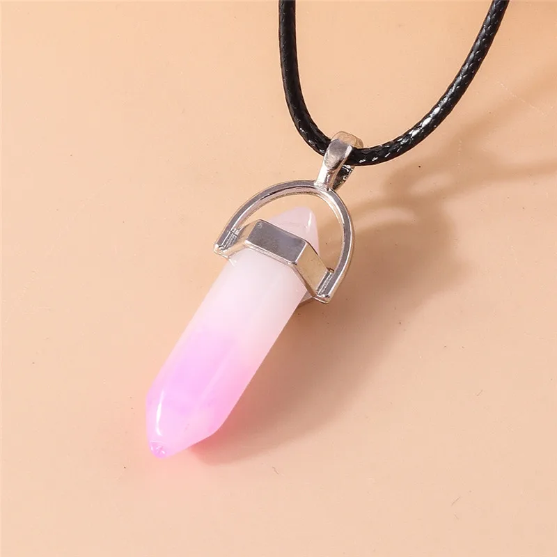 Naturstein Quarz Lapis Opal Amethyst Rosa Kristall Stein Sechseckige Säule Anhänger Halsketten Leder Kette Kugel Halskette – Detail 18