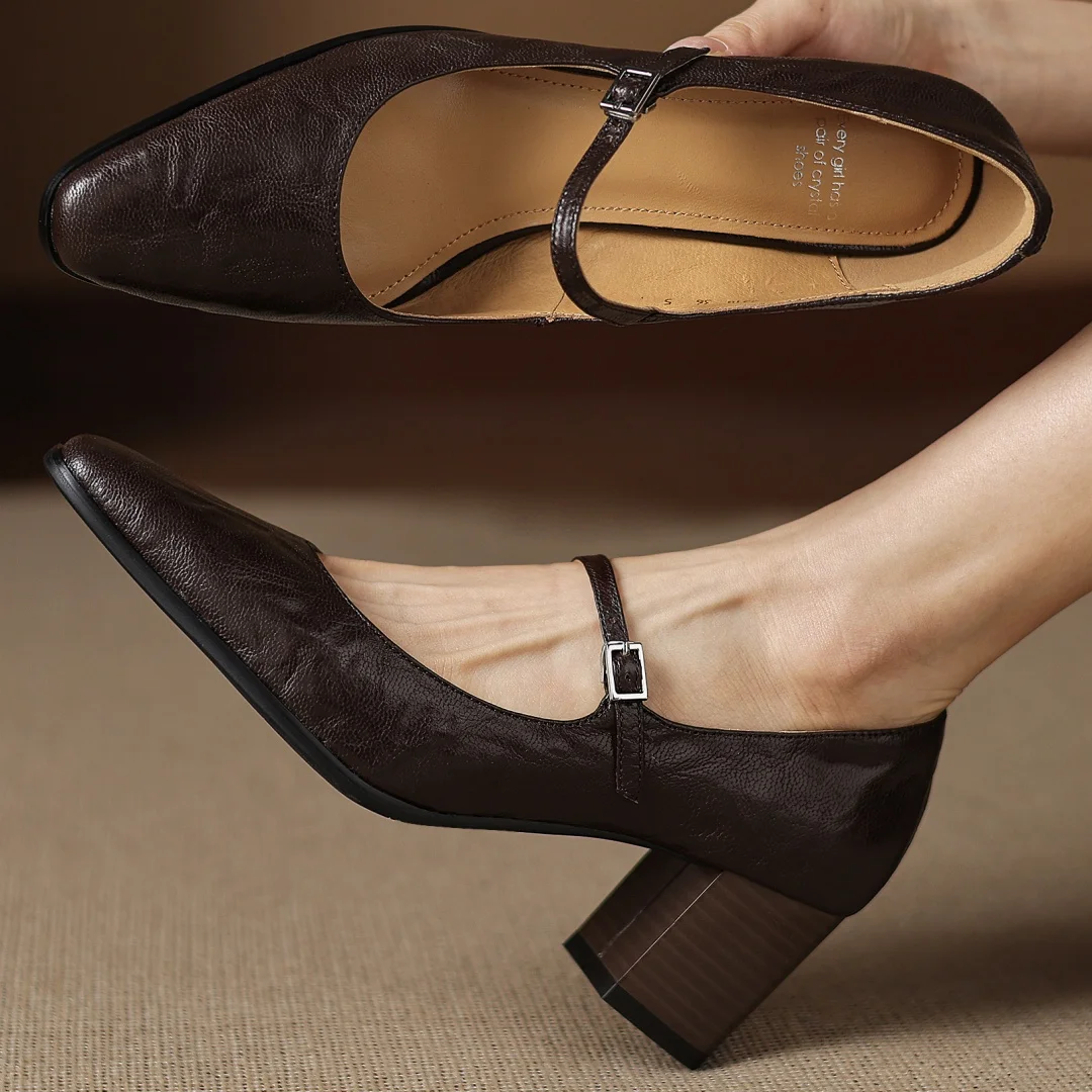 

Женские туфли-лодочки Мэри Джейн из овчины с круглым носком и металлической пряжкой, элегантные женские повседневные туфли на среднем каблуке 6 см