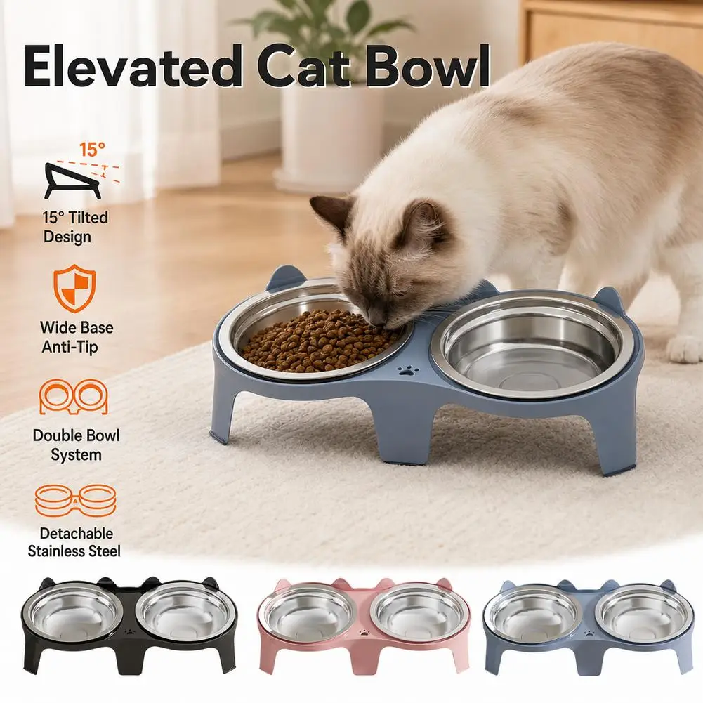 Stainless Steel Cat Food & Water Bowl with Anti-Tip Design Large Capacity Easy-Eat Design for Pet Dog Cat  Feeding Food Bowl