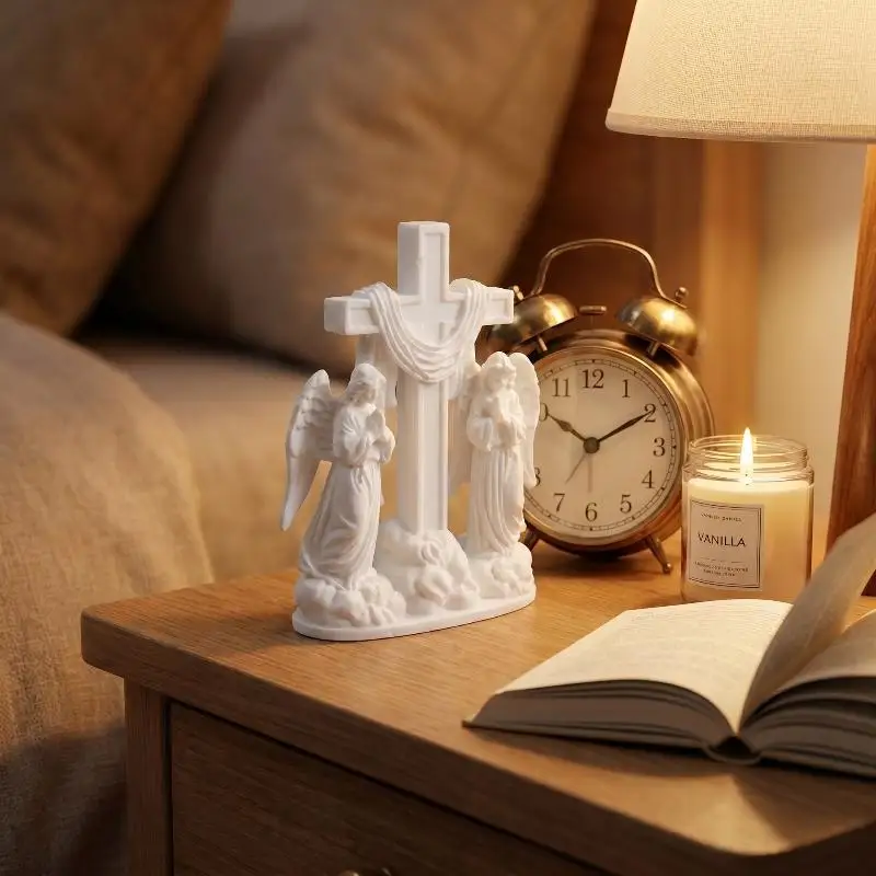 3D Printed High-precision White Cross Figurine with 2 Praying Angels for Home Office Desktop