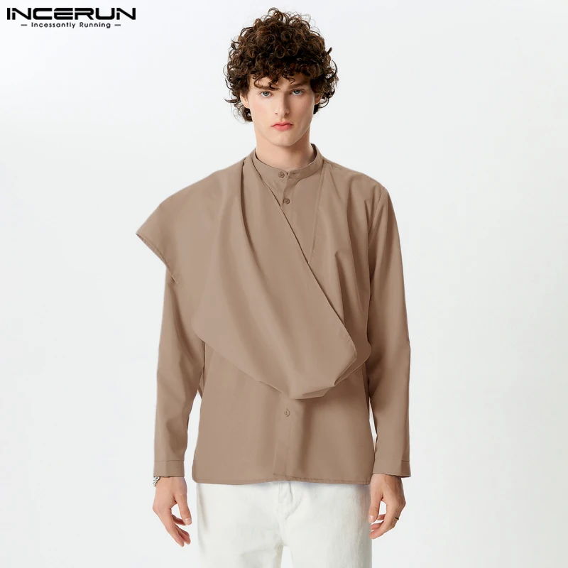 INCERUN Tops 2024 Handsome New Mens Solid Color Irregular Design Shirt Leisure Simple Male Comfortable Long Sleeved Blouse S-5XL