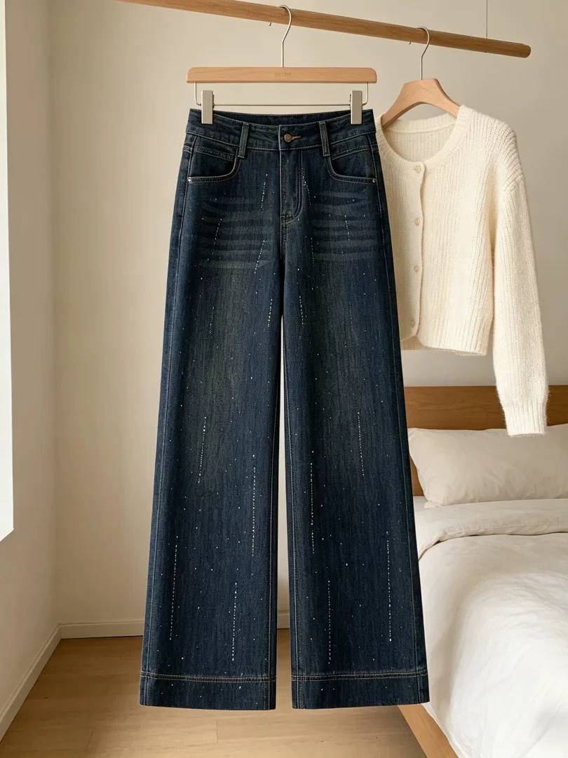 High Waist Wide Leg Jeans Women's Autumn New Style Sparkling Rhinestone Slimming Short plus Size Straight Cut Long Trousers