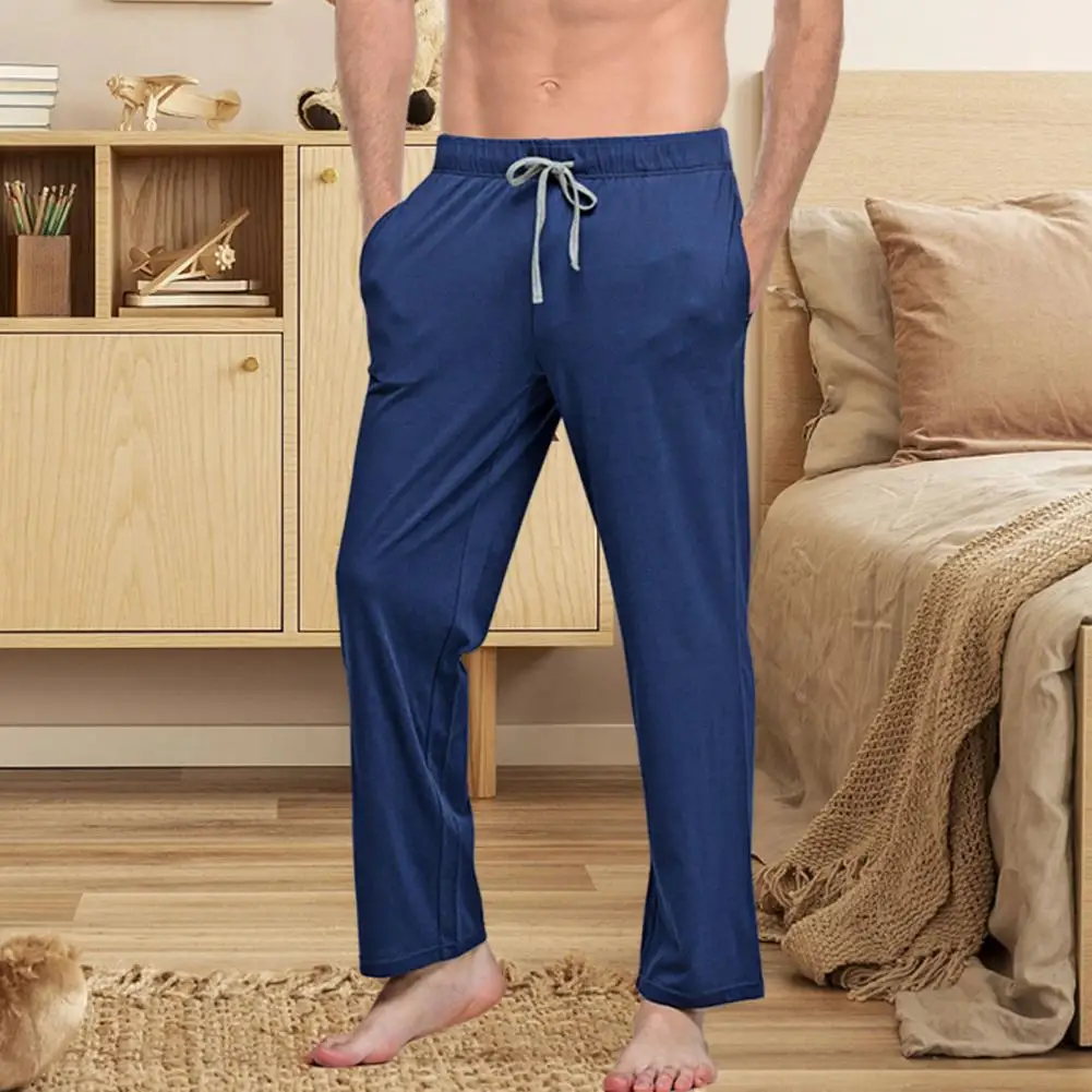 Men Home Pants Solid Color Elastic Waist Men Pajama Pants Pockets Drawstring Homewear Trousers Male Clothing