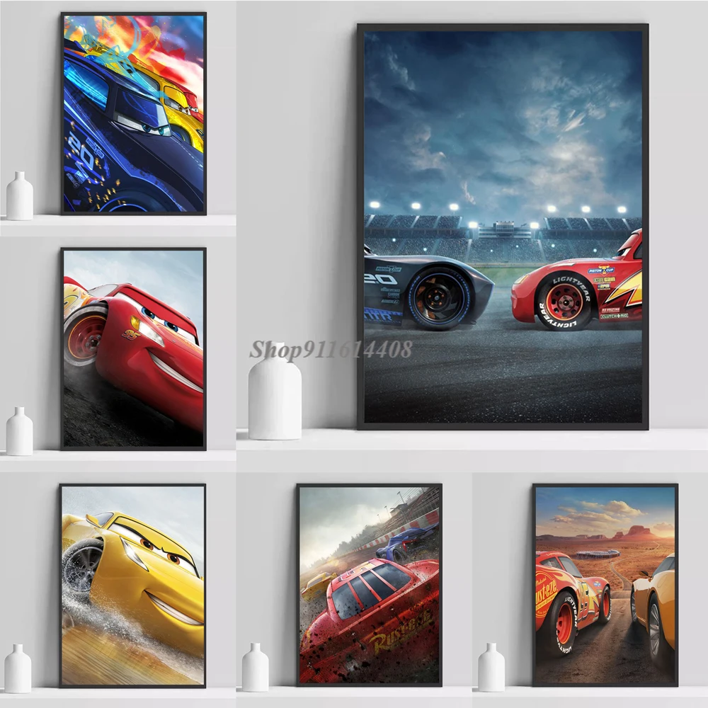 Disney Canvas Painting Cartoon Cars Lightning McQueen Racing Prints and Posters Wall Art Picture for Kids Living Room Home Decor