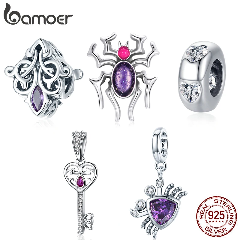 

bamoer 925 Sterling Silver Vintage Pattern Charm Diamond Shape Purple Crystal Bead for Original Bracelet Bangle Women DIY Making