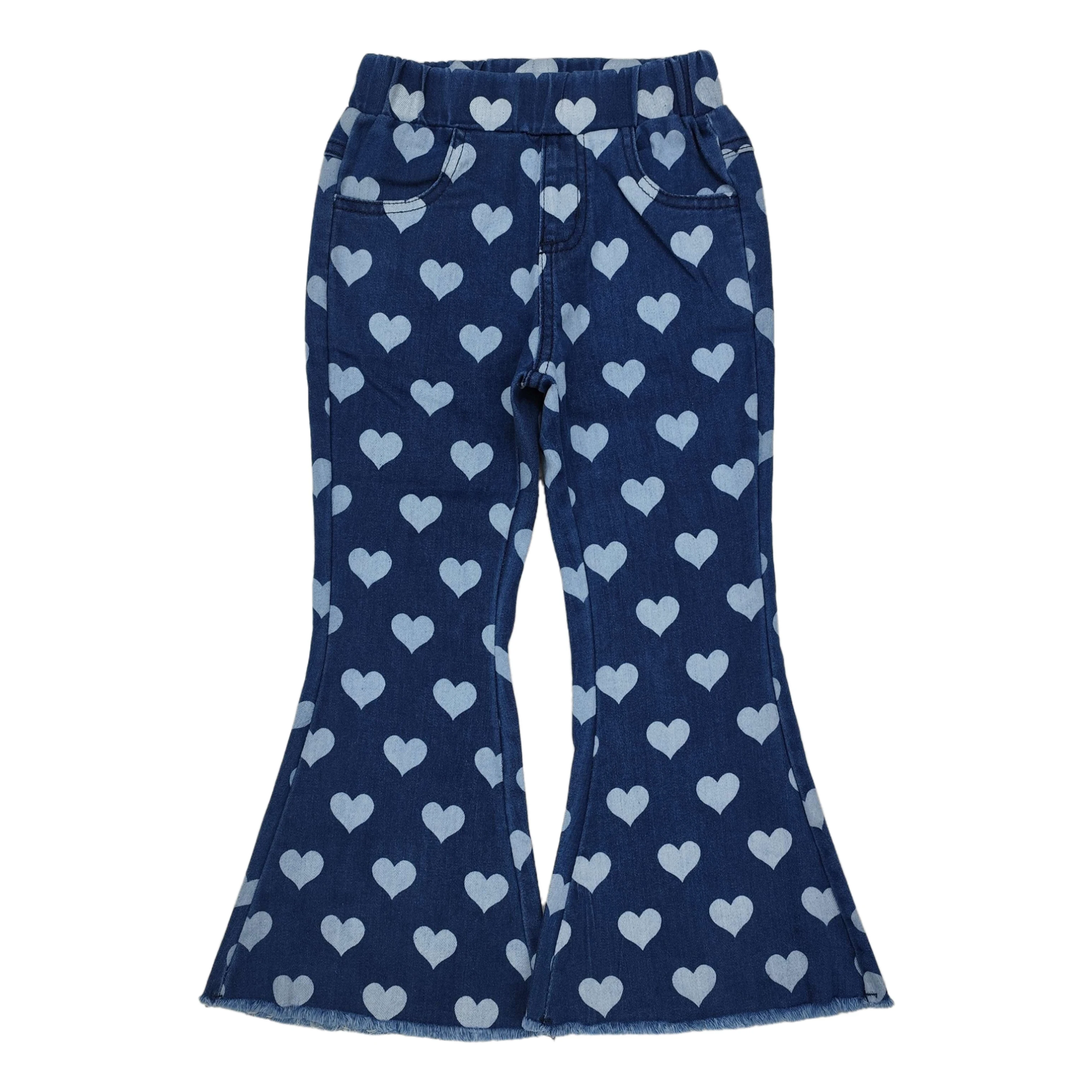 Boutique Baby Girl Valentine Hearts Denim Jeans Bell Bottom Pocket Pants Kids Trousers Children Toddler Clothing Wholesale
