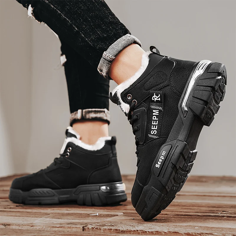 メンズワークブーツ冬の新しい暖かい豪華な滑り止めソフトソールカジュアルブーツファッションユースジョーカーハイトップ快適アウトドアスポーツブーツ