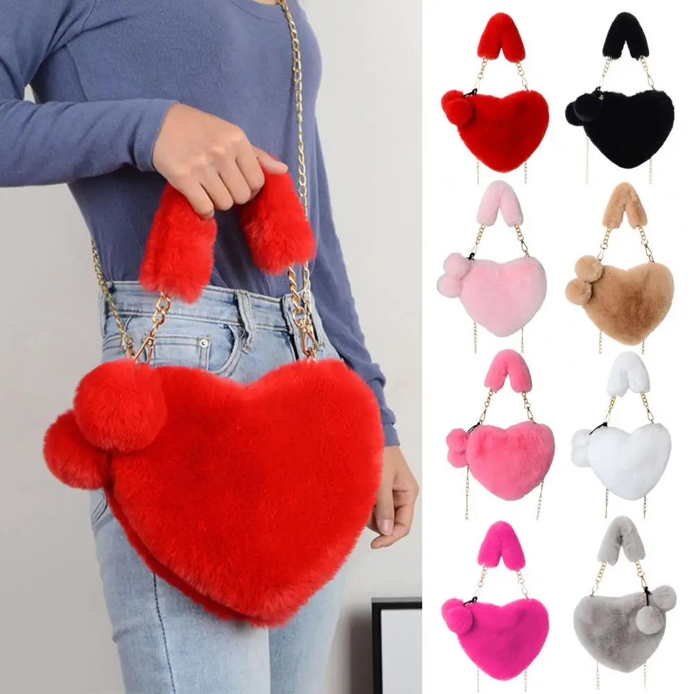 Lady Crossbody Bag Fuzzy Faux Fur Decor Heart Shape Purse Hollow Chain Zipper Closure Love Bag Lady Winter Handbag