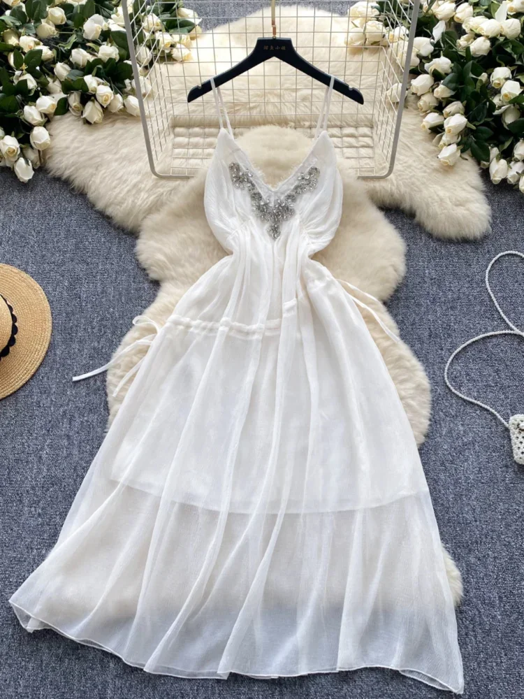 Women Elegant White Beach Dress Women Summer Sexy V-neck Diamond Studded Mesh Drawstring Long Dresses Ladies Party Long Robe