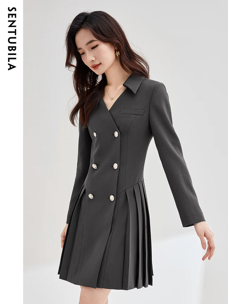 SENTUBILA Elegant Pleated Blazer Dresses for Women 2024 Spring Autumn Office Ladies Double Breasted Mini Dress Woman 133L52256