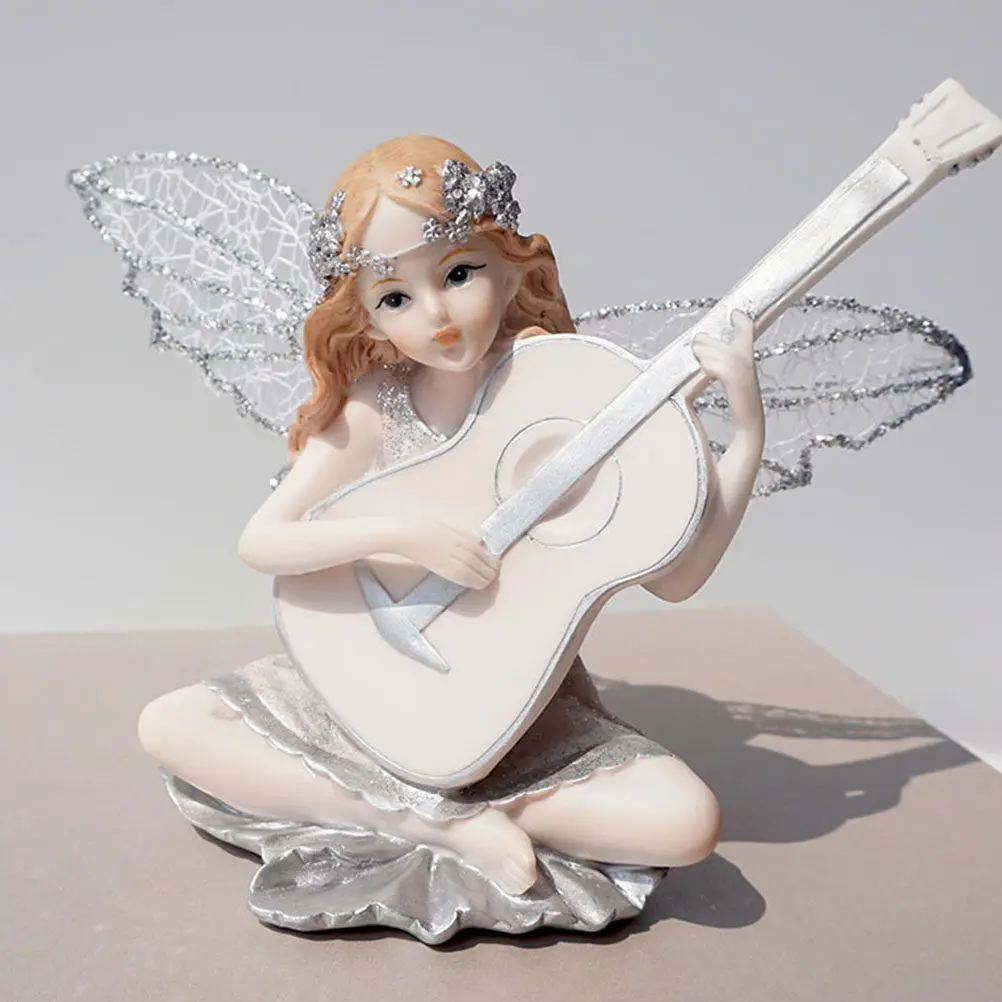 1Pcs Guitar Angel Ornament Exquisite Resin Handcraft Home Desktop Decor Lovely Music Decorative Craft Tabletop Trinket