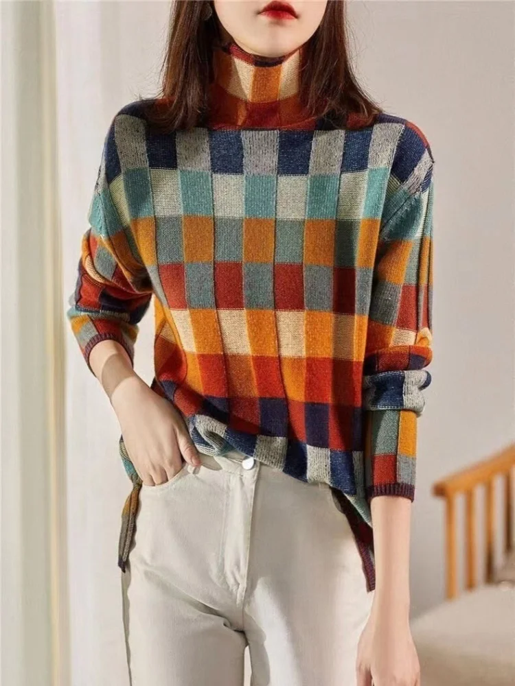 Autumn Winter Women's Colorful Checkerboard Knitwear Loose Turtleneck Long Sleeve Rainbow Color Contrast Checkered Sweater