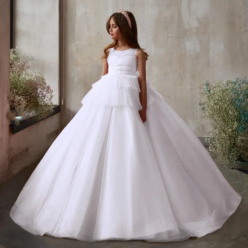 Elegante roze bloem meisjesjurk gelaagde tule rok mouwloze prinsessenjurk voor bruiloft bloemenmeisjes/optochte evenementen