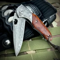 Damascus Steel Tactical Folding Knife 3.03 Inch Blade High Quality Rosewood Handle Camping Survival Knife Outdoor Portable Knife