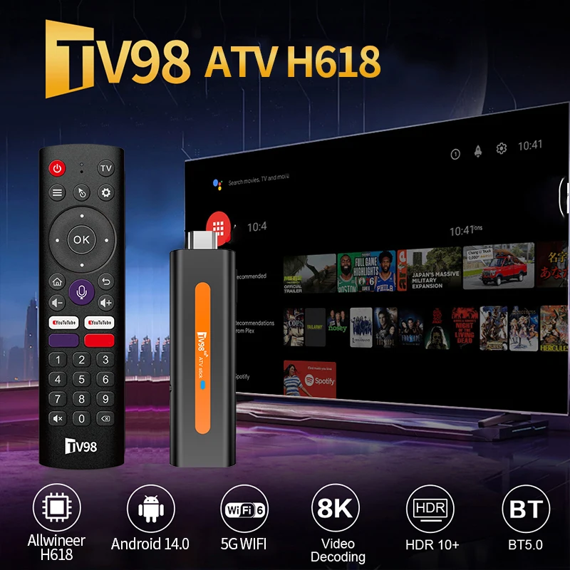 ATV Smart TV Stick Android 14 Supporto HD 8K Video 4K BT5.0 WiFi 6 Allwinner H618 Quad Core Cortex A53 Smart TV Box remoto vocale