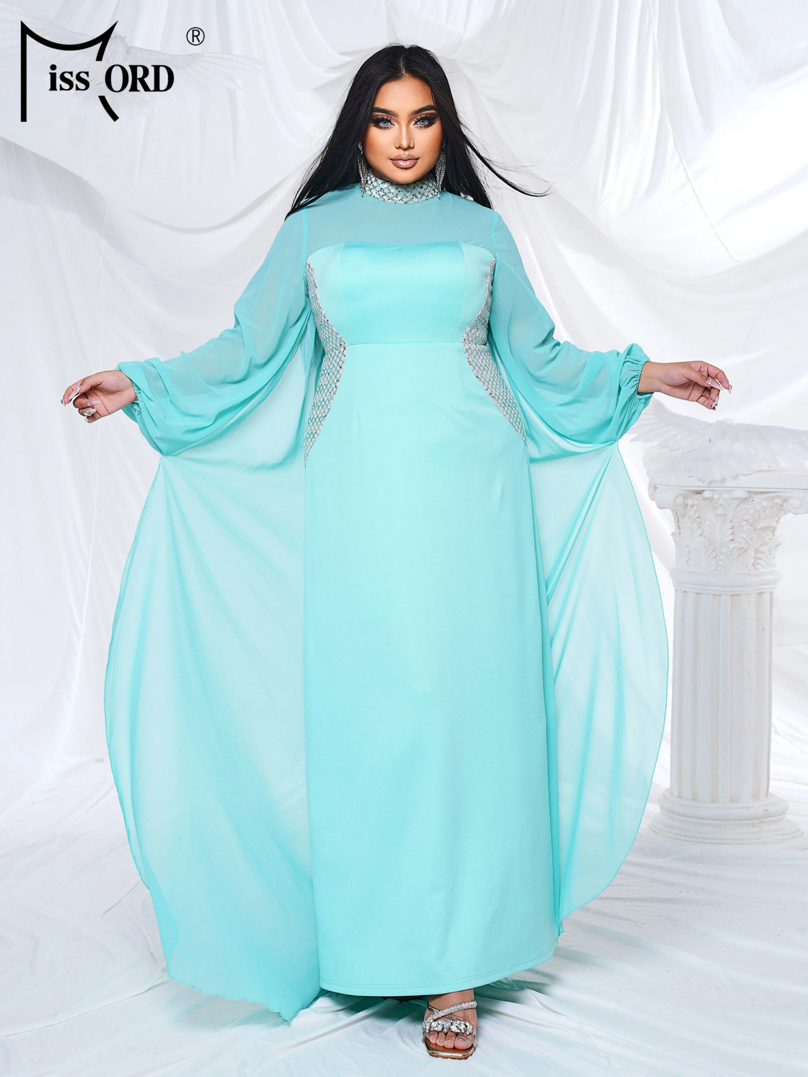 Missord Plus Size New Blue Round Neck Long Sleeved Elegant Evening Gown Wedding Birthday Party Elegant Beautiful Women's Dress