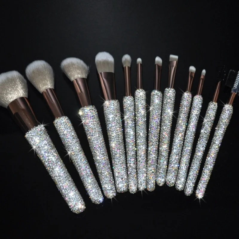 12-Piece Luxury Diamond-Studded Makeup Brush Set - Includes Powder and Eyeshadow Brushes, Professional Full Makeup Tool Kit