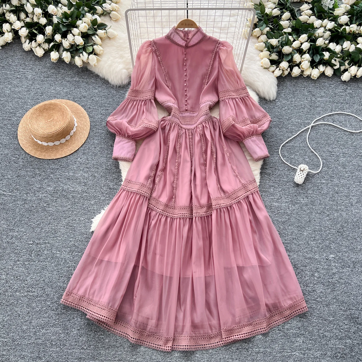 

Dress Women Long Dresses Stand Collar A Line Vestidos High Waist Full Sleeve Elegant Splice Y2k Streetwear Party Night Work 2025