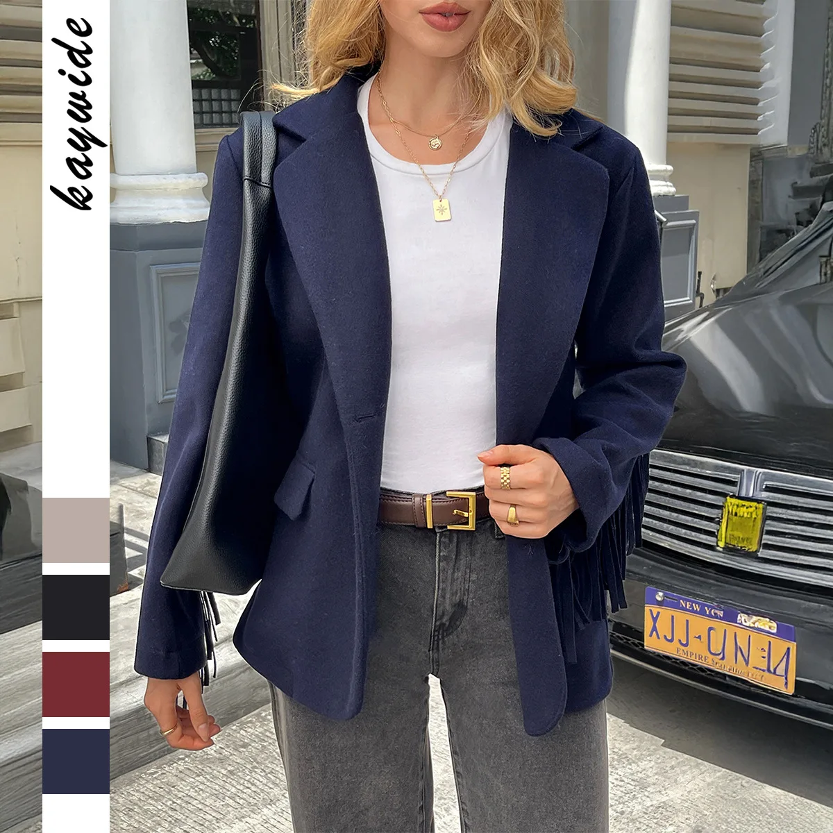 

2025 Autumn Winter Solid Blazer with Fringe Elegant Vintage Long-Sleeve Jacket Single-Breasted Fringe Coat Women's clothes