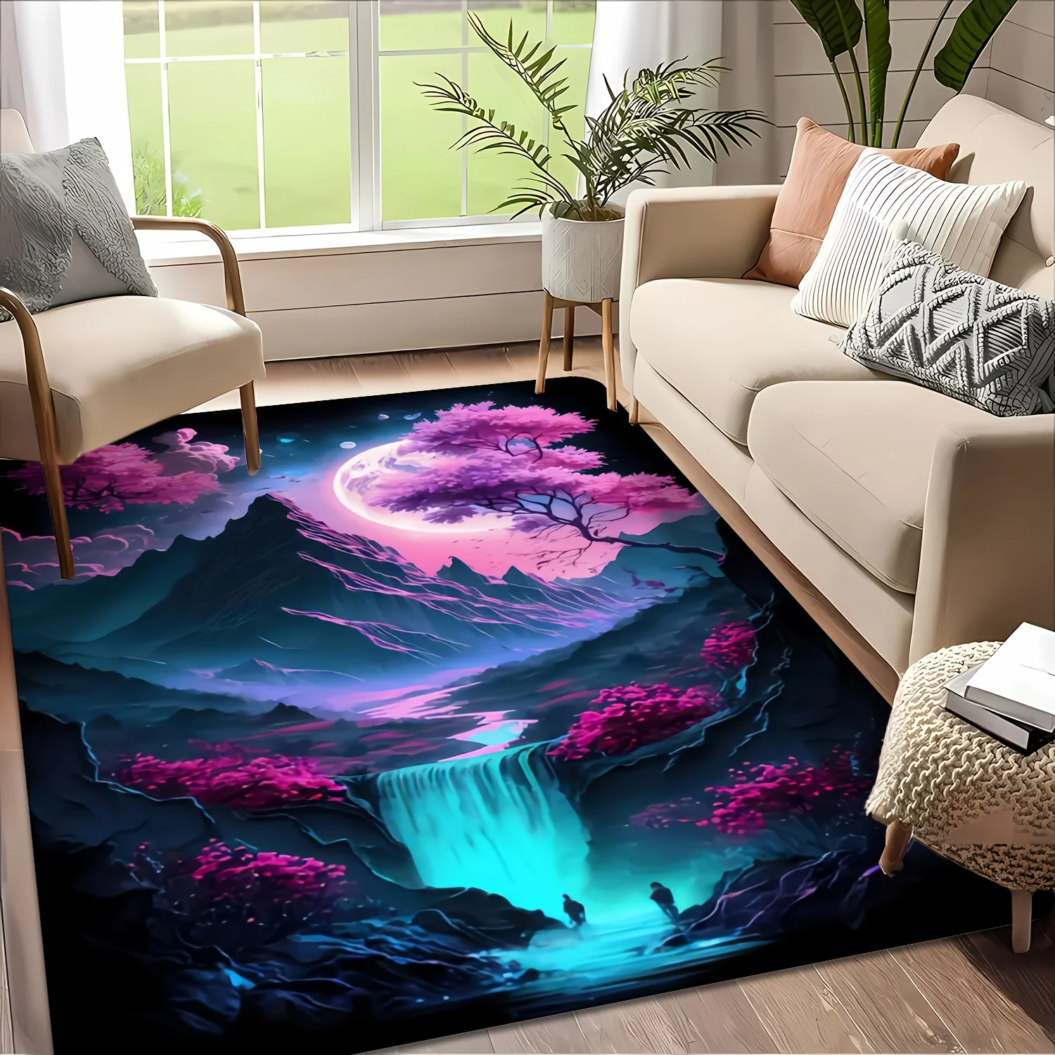Vibrant Cosmic Fantasy Moon Waterfall Area Rug Gradient Surreal Boho Aesthetic Living Room Decor Carpet Mat