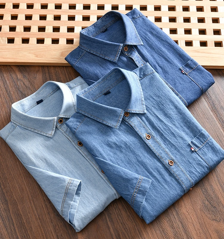 

Lightweight Breathable Men's Cotton Denim Shirt Summer New Style Short Sleeve Washed out T-Shirt Standard Fit Button Detail